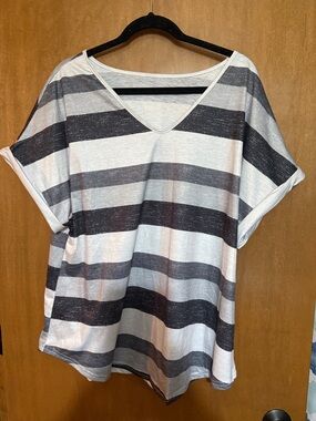NWOT Striped V-Neck Short Sleeve Top in White and Gray
